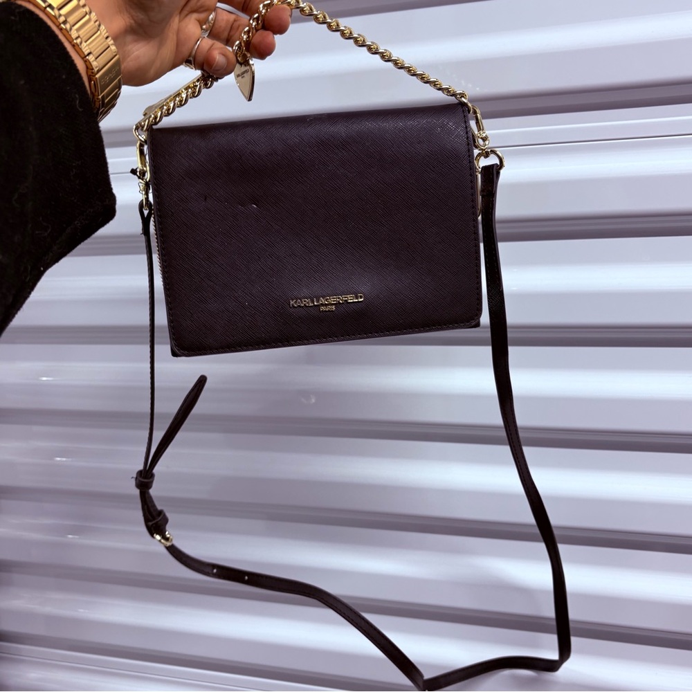Karl Lagerfeld Dark Brown Crossbody Bag with Gold Chain